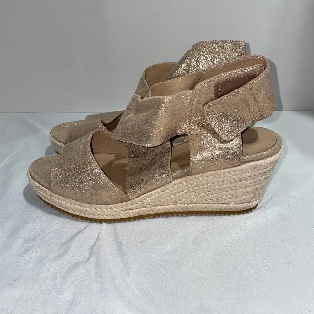 Eileen Fisher‎ Gold Metallic Suede Espadrille Wedge Sandals Womens Strappy Shoes
